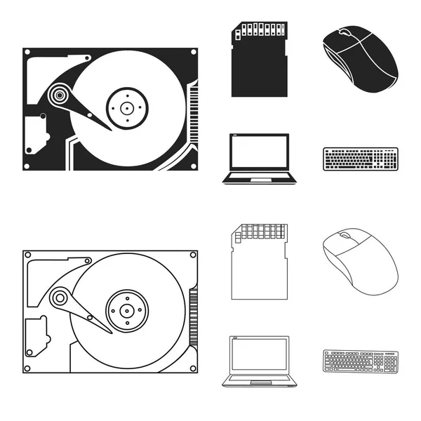 Souris d'ordinateur, ordinateur portable et autres équipements. Ordinateur personnel set collection icônes en noir, contour style vectoriel symbole illustration web . — Image vectorielle