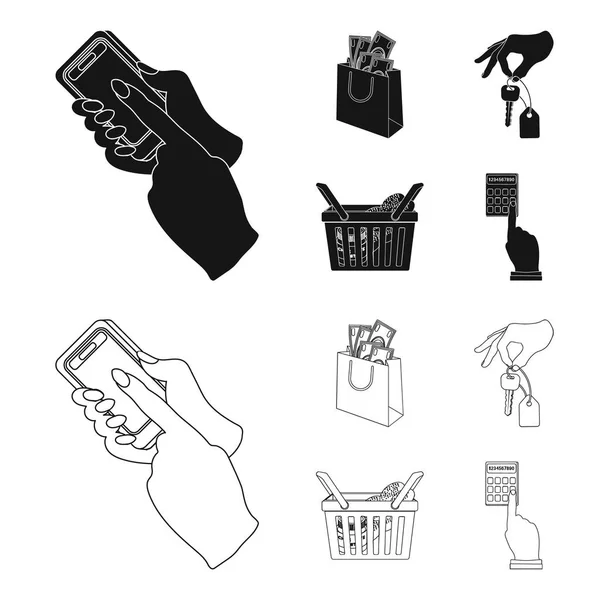 Mobiele telefoon, een pakket met geld en andere web-pictogram in het zwart, kaderstijl. een sleutel in de hand, een mand met voedsel pictogrammen in vaste collectie. — Stockvector