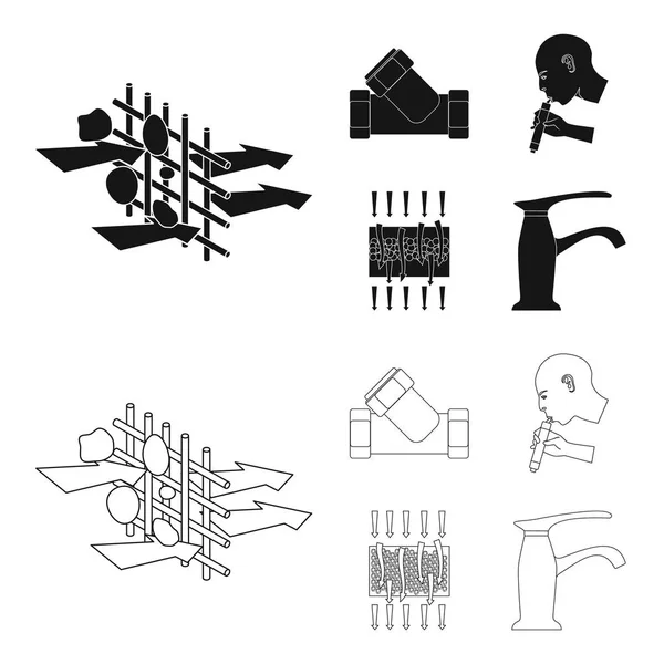 Sistema, globo, mano, prueba. El sistema de filtración del agua fijó los iconos de la colección en negro, contorno estilo vector símbolo stock ilustración web . — Vector de stock