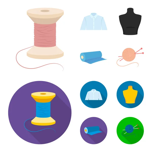 A man shirt, a mannequin, a roll of fabric, a ball of threads and knitting needles.Atelier set collection icons in cartoon,flat style vector symbol stock illustration web. — Stock Vector