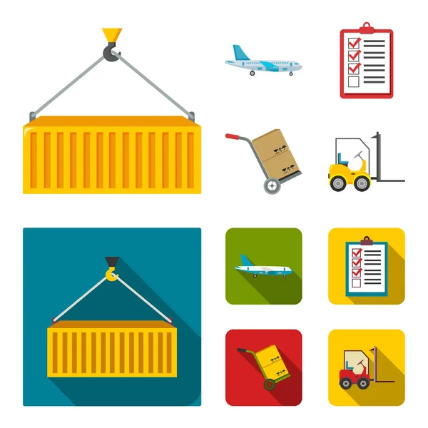 Fraktflygplan, vagn för transport, lådor, gaffeltruck, dokument. Logistik, ange samling ikoner i tecknad, platt stil vektor symbol stock illustration web. — Stock vektor