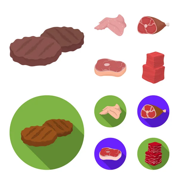 Kippenvleugels, ham, rauwe biefstuk, rundvlees kubussen. Vlees collectie iconen in de tekenfilm, vlakke stijl vector symbool stock illustratie web instellen. — Stockvector