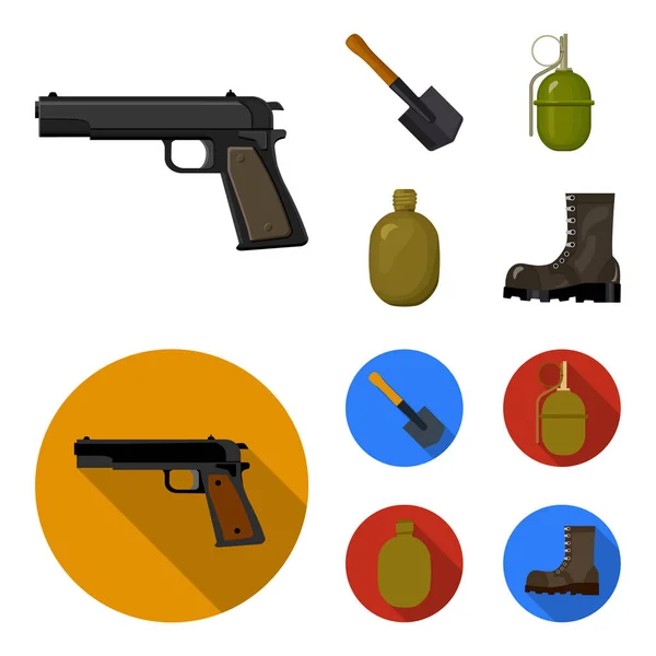 Sapper blade, hand grenade, army flask, soldier boot. Military and army set collection icons in cartoon,flat style vector symbol stock illustration web. — Stock Vector