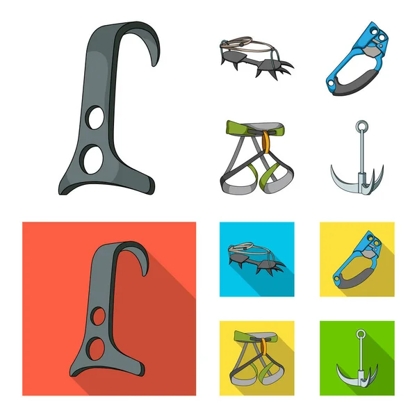 Hook, mountaineer harness, insurance and other equipment.Mountaineering set collection icons in cartoon, flat style vector symbol stock illustration web . — стоковый вектор