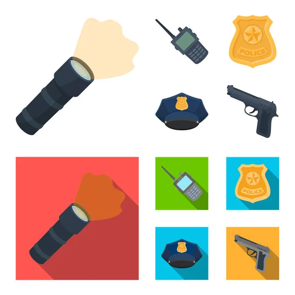 Radio, police officer badge, uniform cap, pistol.Police set collection icons in cartoon,flat style vector symbol stock illustration web. — Stock Vector