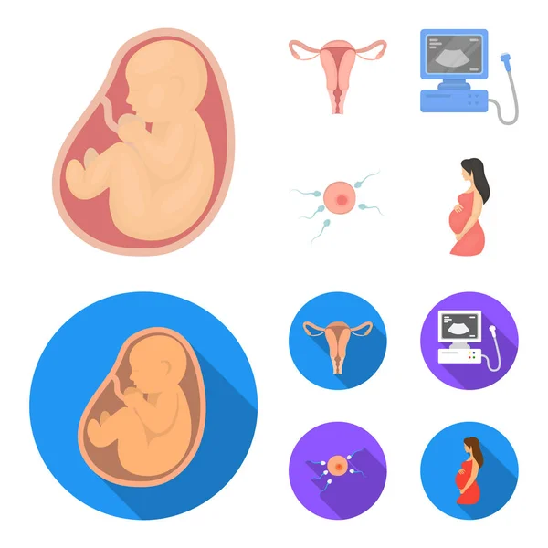 Děloha, přístroj ultrazvuk, hnojení. Těhotenství sada kolekce ikon v karikatuře, plochý vektor symbol akcií ilustrace web. — Stockový vektor