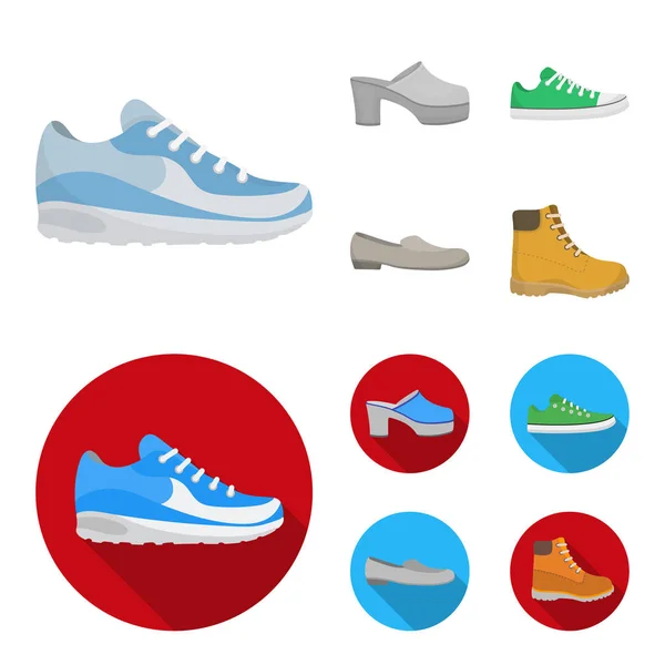 Slippers, klompen op een hoog platform en hiel, groene sneakers met veters, vrouwelijke grijze ballet flats, rode schoenen op de enige trekker. Schoenen collectie iconen in de tekenfilm, vlakke stijl vector symbool voorraad instellen — Stockvector