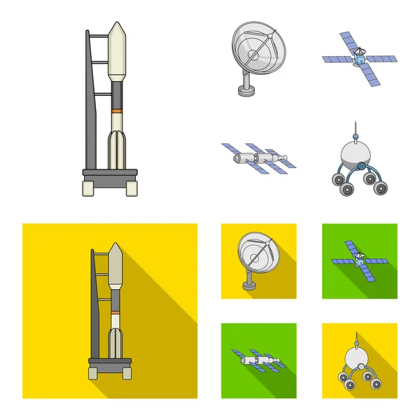 Радиолокатор, стыковка в космическом корабле, Луноход. Иконки коллекции космических технологий в мультфильме, векторные символы плоского стиля, иллюстрации паутины . — стоковый вектор