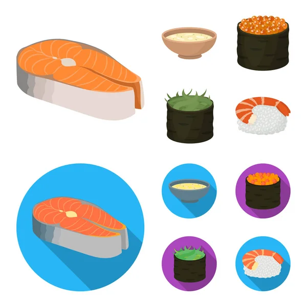 Cuenco de sopa, caviar, camarones con arroz. Conjunto de iconos de colección de sushi en dibujos animados, vector de estilo plano símbolo stock ilustración web . — Vector de stock