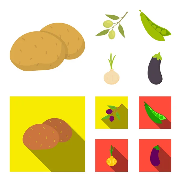 Aceitunas en una rama, guisantes, cebollas, berenjena. Vegetales conjunto de iconos de colección en dibujos animados, vector de estilo plano símbolo stock ilustración web . — Vector de stock