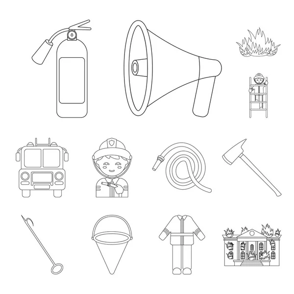Brandweer overzicht pictogrammen in set collectie voor design. Brandweerlieden en apparatuur vector symbool voorraad web illustratie. — Stockvector