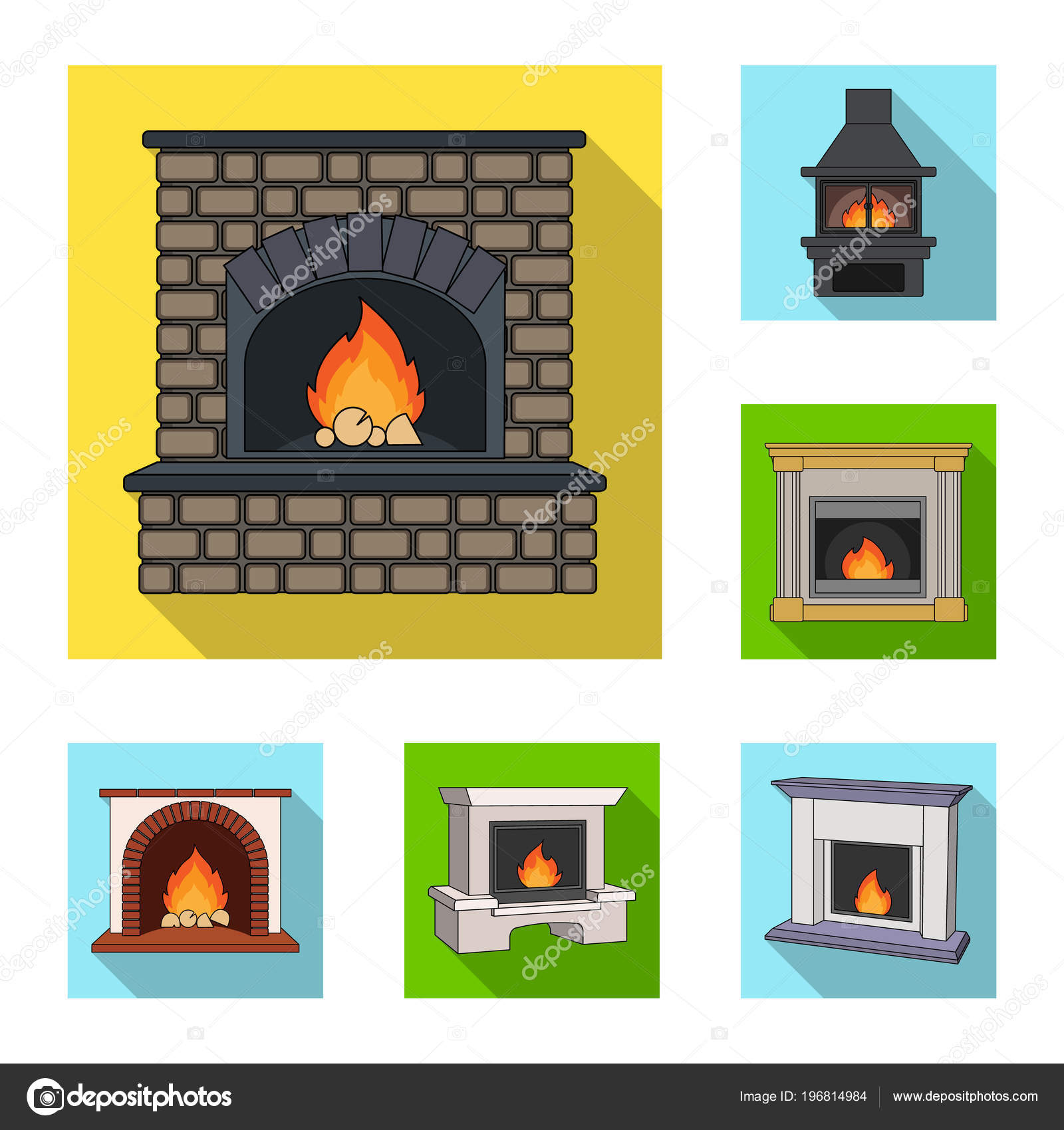 Different kinds of fireplaces flat icons in set collection for design