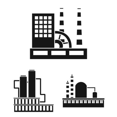 Fabrika ve tesisleri set koleksiyonu tasarım için simgeler siyah. Sembol stok web illüstrasyon vektör fabrikası ve donanımları.