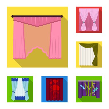 Perde çeşitleri set koleksiyonu tasarım için simgeleri düz. Perdeler ve Saçakların sembol stok web illüstrasyon vektör.