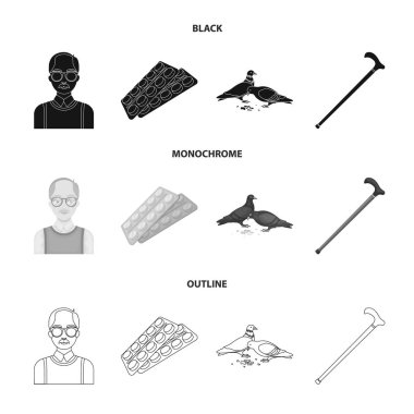 Yaşlı erkekler, tablet, güvercinler, baston yürüme. Yaşlılık koleksiyonu Icons set siyah, tek renkli, anahat stili vektör simge stok çizim web.