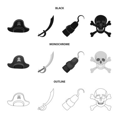 Korsan, haydut, kap, kanca. Korsanlar koleksiyonu Icons set siyah, tek renkli, anahat stili vektör simge stok çizim web.