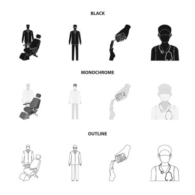 Doktor bir yüz maskesi, diş hekimi, sağlık personeli, şeker için bir kan testi. Medicineset toplama simgeler siyah, tek renkli, anahat stili vektör simge stok çizim web.