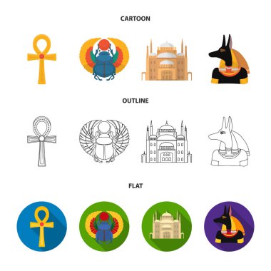Anubis, Ankh, Cairo citadel, Mısır böceği. Antik Mısır koleksiyonu Icons set çizgi film, anahat, düz stil vektör simge stok çizim web.