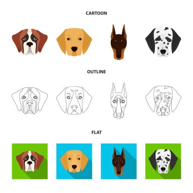 Farklı doğurmak-in köpek ağızlık. St. Bernard, golden retriever, Doberman, Dalmaçyalı doğurmak köpek toplama Icons set çizgi film, anahat, düz stil vektör simge stok çizim web.