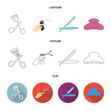 Makas, fırça, jilet ve diğer ekipmanlar. Kuaför koleksiyonu Icons set çizgi film, anahat, düz stil vektör simge stok çizim web.