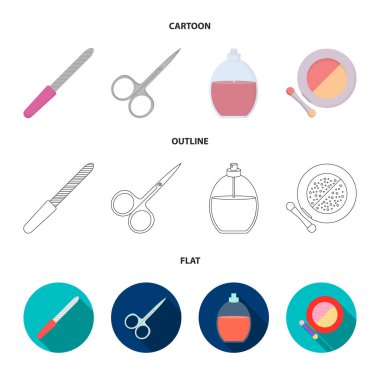 Tırnak törpüsü, makaslar, çivi, parfüm, pudra fırçası ile için. Makyaj koleksiyonu Icons set çizgi film, anahat, düz stil vektör simge stok çizim web.