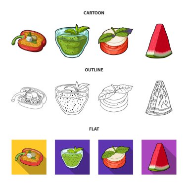 Tatlı Bulgar biber, vitamin içeceği, reçel ahududu ve nane yaprakları ile karpuz bir parçası. Vejetaryen yemekleri koleksiyonu Icons set çizgi film, anahat, düz stil vektör simge stok çizim