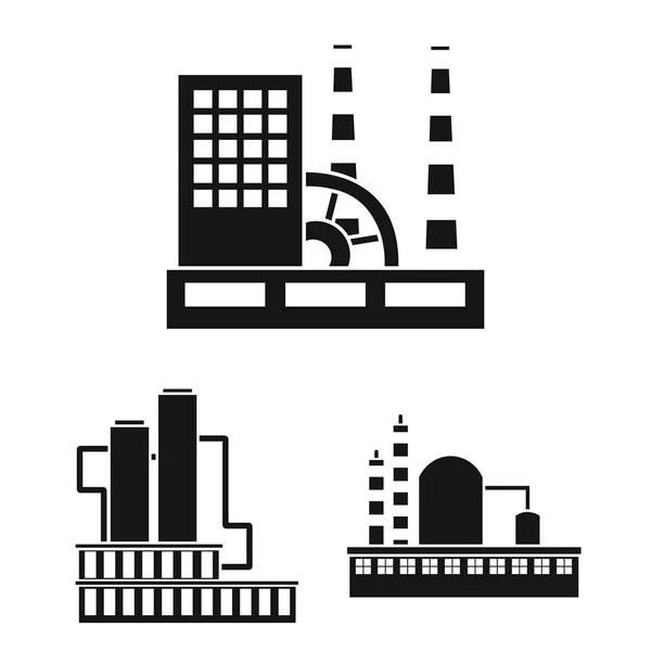工厂和设施黑色图标集合中的设计。工厂和设备矢量符号库存 web 插图. — 图库矢量图片