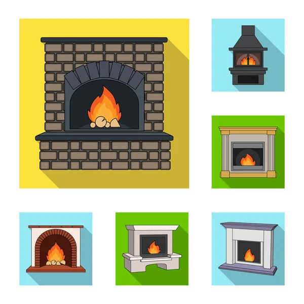 Different kinds of fireplaces flat icons in set collection for design.Fireplaces construction vector symbol stock web illustration. — Stock Vector