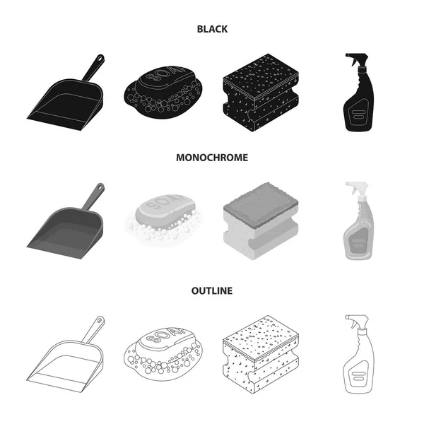 Blue scoop for garbage, pink soap with foam, sponge for washing, pulvelizer for with a means for windows. Cleaning set collection icons in black,monochrome,outline style vector symbol stock — Stock Vector