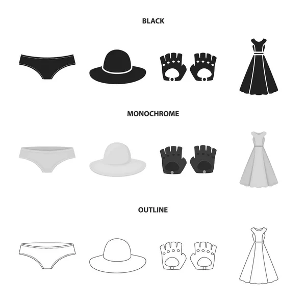 Kalhotky, rukavice, šaty, klobouk. Oděvní kolekce ikon uprostřed černá, černobílá, osnovy styl vektor symbol skladem ilustrace web. — Stockový vektor