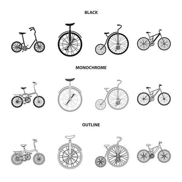 Retro, monociclo y otros tipos. Diferentes bicicletas establecen iconos de la colección en negro, monocromo, contorno estilo vector símbolo stock ilustración web . — Archivo Imágenes Vectoriales