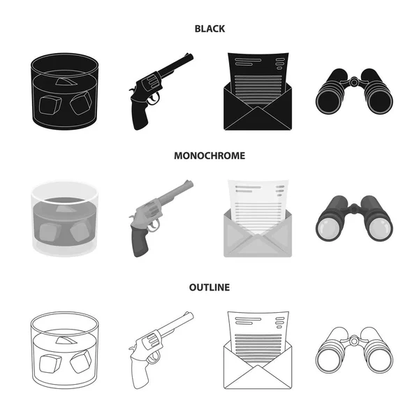 Un vaso de whisky, una pistola, prismáticos, una carta en un sobre. Iconos de colección conjunto detective en negro, monocromo, contorno estilo vector símbolo stock ilustración web . — Vector de stock