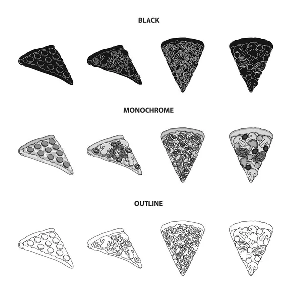 Bir dilim pizza farklı malzemelerle. Farklı pizza koleksiyonu Icons set siyah, tek renkli, anahat stili vektör simge stok çizim web. — Stok Vektör