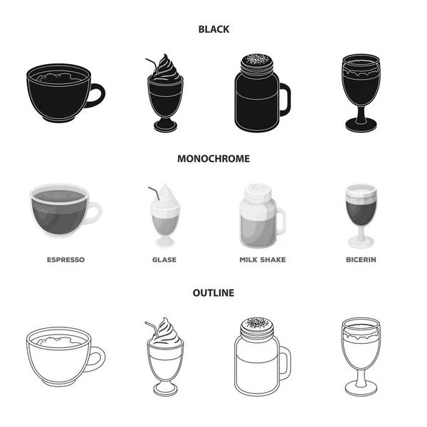 Esprecco, glase, milk shake, bicerina.Diferentes tipos de ícones de coleção de conjuntos de café em preto, monocromático, estilo esboço vector símbolo ilustração web . —  Vetores de Stock