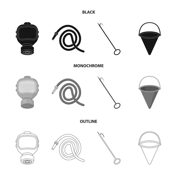 Gaz maskesi, hortum, kova, bagore. İtfaiye koleksiyonu Icons set siyah, tek renkli, anahat stili vektör simge stok çizim web. — Stok Vektör