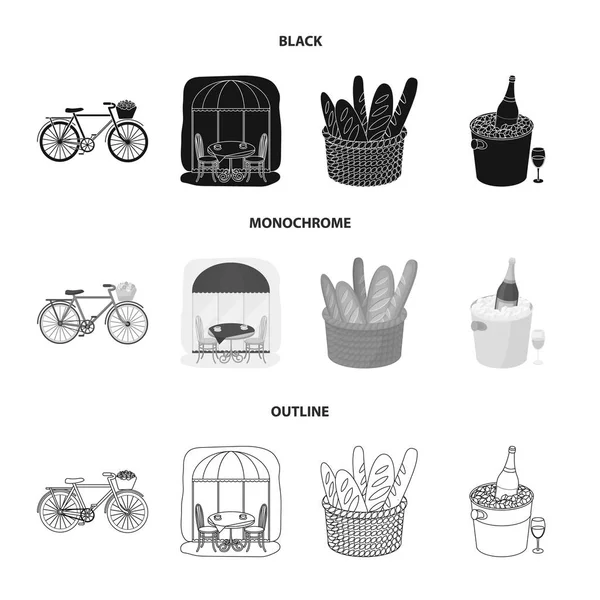 Bicicleta, transporte, vehículo, café. Francia país conjunto colección iconos en negro, monocromo, contorno estilo vector símbolo stock ilustración web . — Archivo Imágenes Vectoriales