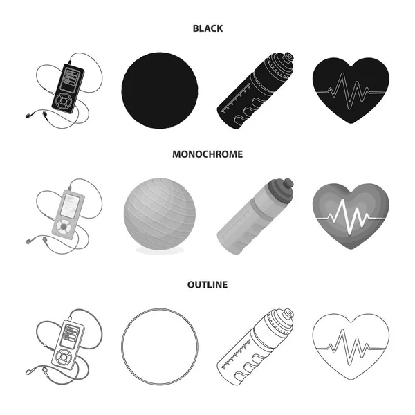 Spieler, eine Flasche Wasser und andere Ausrüstung für das Training. Fitnessstudio und Workout Set Sammlung Symbole in schwarz, monochrom, Umriss Stil Vektor Symbol Stock Illustration Web. — Stockvektor