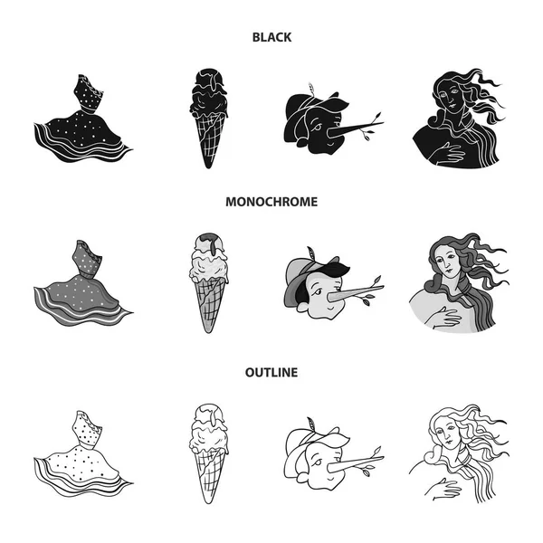 Vestido italiano, gelato, pinóquio, deusa do amor. Itália conjunto coleção ícones em preto, monocromático, esboço estilo vetor símbolo ilustração web . —  Vetores de Stock