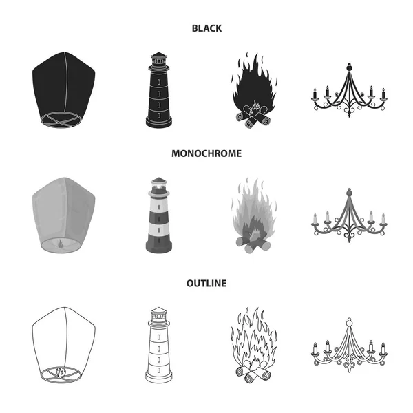 Een lichte lantaarn, een vuurtoren, een brand, een kroonluchter met kaarsen. Lichtbron instellen collectie iconen in zwart, zwart-wit, overzicht stijl vector symbool stock illustratie web. — Stockvector