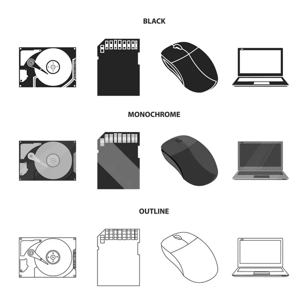 Bilgisayar faresi, dizüstü bilgisayar ve diğer ekipmanlar. Kişisel bilgisayar toplama Icons set siyah, tek renkli, anahat stili vektör simge stok çizim web. — Stok Vektör