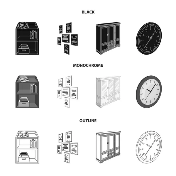 Cabinet, shelving with books and documents, frames on the wall, round clocks. Office interior set collection icons in black,monochrome,outline style isometric vector symbol stock illustration web. — Stock Vector