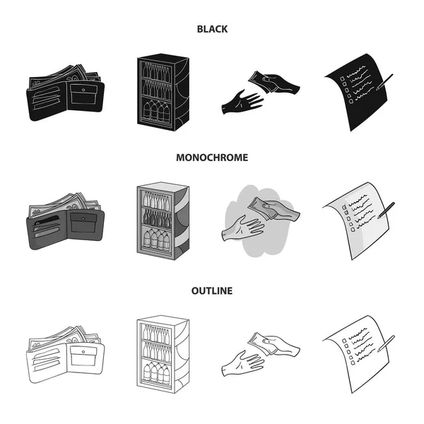 Inköp varor, shopping, showcase. Supermarket ligger samling ikoner i disposition stil vektor symbol stock illustration web, svart, svartvitt. — Stock vektor