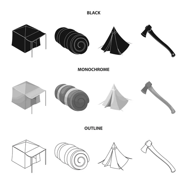 テント オーニング、斧および他の付属品。テントは黒、白黒、アウトライン スタイルのベクトル シンボル ストック イラストの web コレクションのアイコンを設定. — ストックベクタ