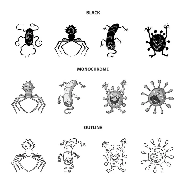 Mikrop ve virüs farklı türleri. Virüs ve bakteriler koleksiyonu Icons set siyah, tek renkli, anahat stili vektör simge stok çizim web.