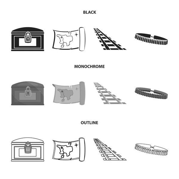 Truhla s pokladem, mapa, kolejnice, hlídka. Divoký západ sada kolekce ikon v černá, černobílá, osnovy styl vektor symbol skladem ilustrace web. — Stockový vektor