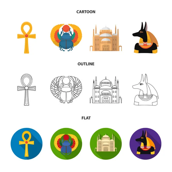 Anubis, Ankh, Cairo citadel, Mısır böceği. Antik Mısır koleksiyonu Icons set çizgi film, anahat, düz stil vektör simge stok çizim web.