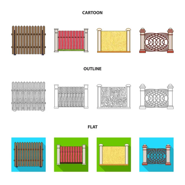 Una cerca de metal y ladrillos, empalizada de madera. Una valla diferente conjunto de iconos de la colección en dibujos animados, contorno, plano estilo vector símbolo stock ilustración web . — Vector de stock
