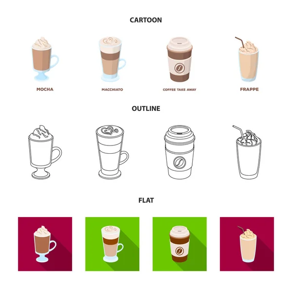Mocha, macchiato, frappe, tomar café.Diferentes tipos de ícones de coleção de conjuntos de café em desenhos animados, esboço, estilo plano símbolo vetorial web ilustração . —  Vetores de Stock