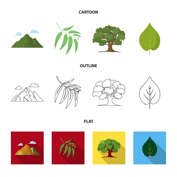 Montaña, nube, árbol, rama, hoja. Iconos de colección de conjuntos forestales en dibujos animados, contorno, vector de estilo plano símbolo stock illustration web . — Vector de stock