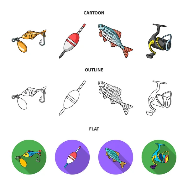 Pesca, pesce, cattura, gancio. Set di pesca icone di raccolta in cartone animato, contorno, stile piatto vettore simbolo stock illustrazione web . — Vettoriale Stock